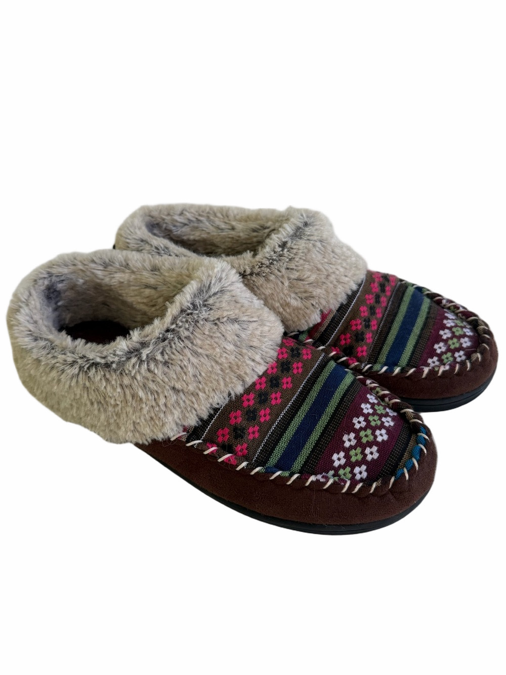 Dearfoams Cozy Slippers Fair Isle Pattern Brown Multicolor Large Fits Size 9-10